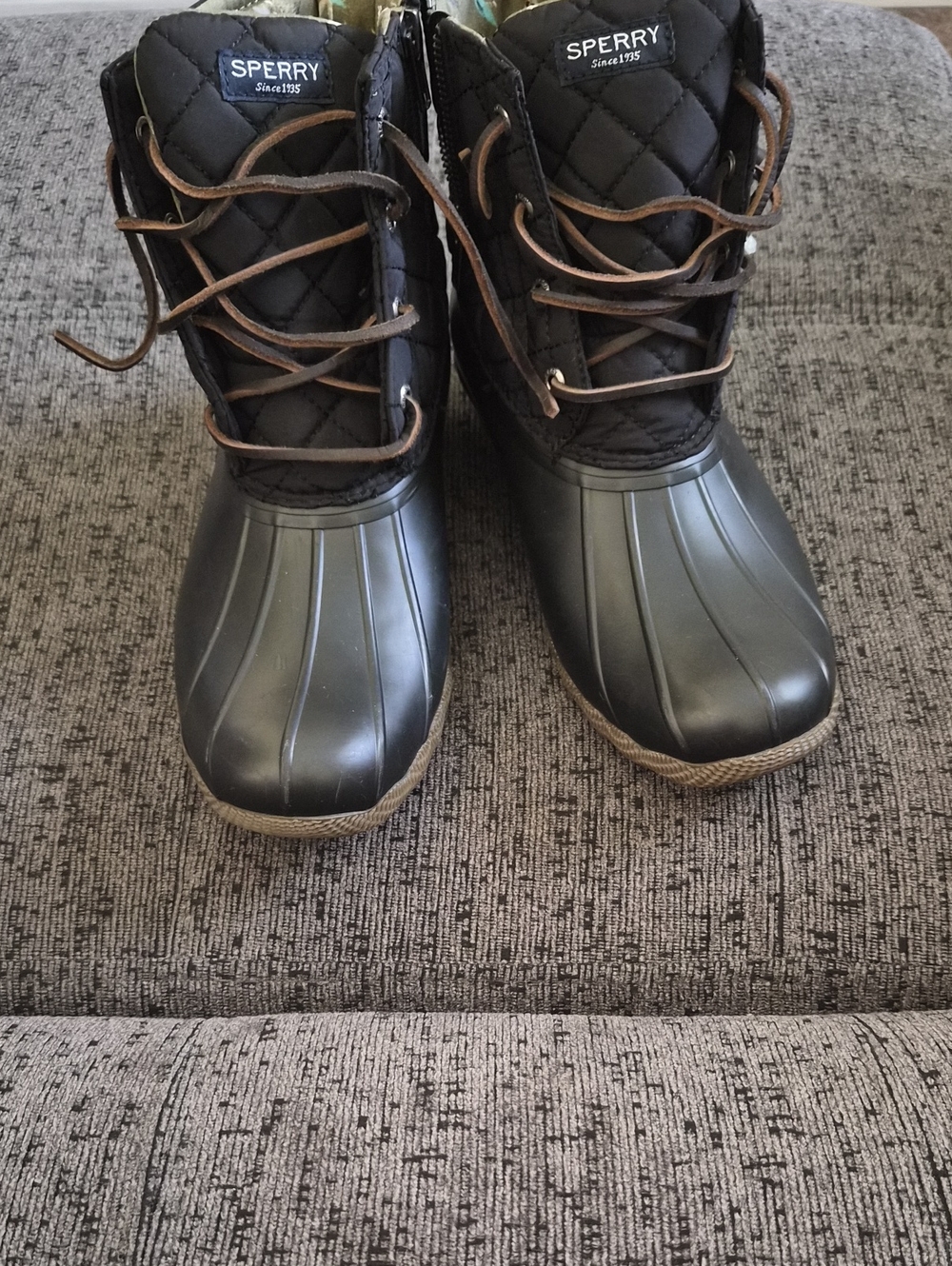 Sperry Black and Brown Quilted Duck Rain Boots for Women